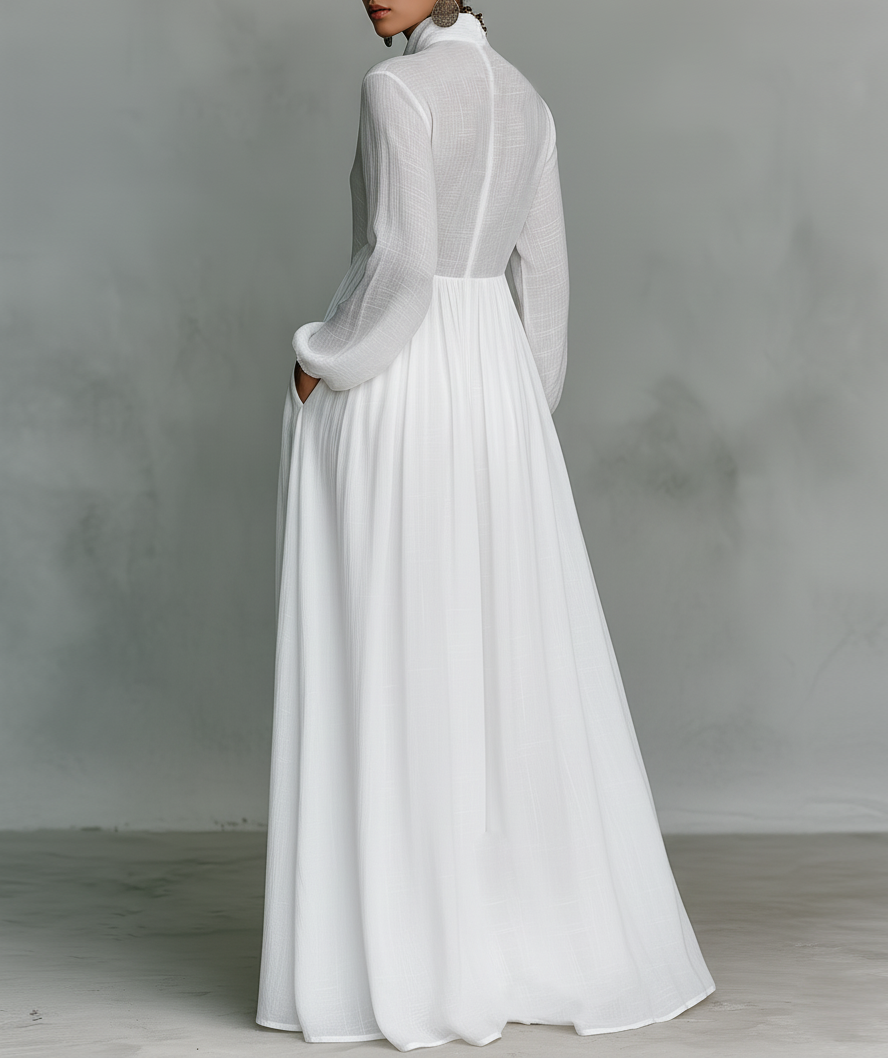 Abigail | Maxi Minimalist in Cotton and Linen with Patchwork, High Collar and Long Sleeves
