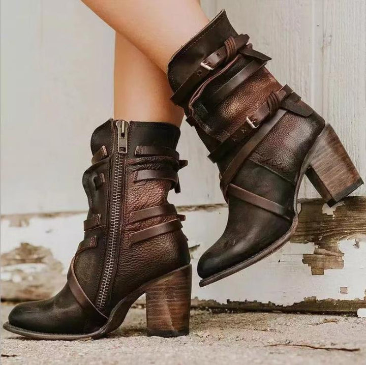 Peyton Leather Ankle Boots - Slouchy Distressed Design - Buckle Straps - Block Heel