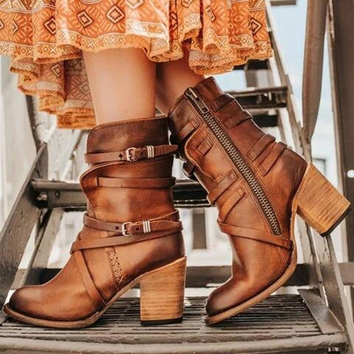 Peyton Leather Ankle Boots - Slouchy Distressed Design - Buckle Straps - Block Heel