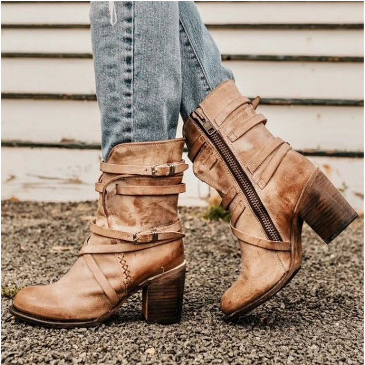 Peyton Leather Ankle Boots - Slouchy Distressed Design - Buckle Straps - Block Heel