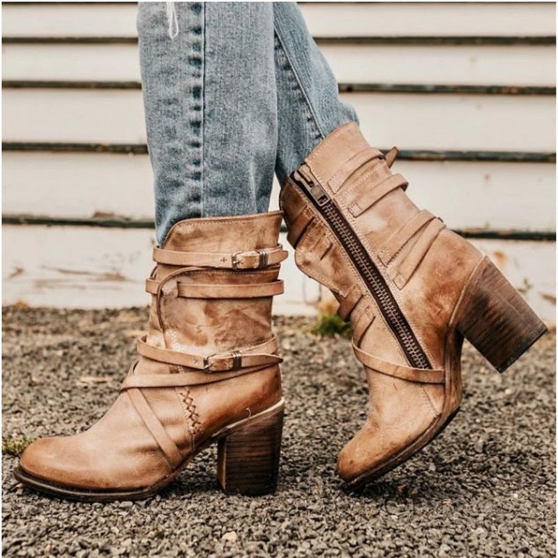 Peyton Leather Ankle Boots - Slouchy Distressed Design - Buckle Straps - Block Heel