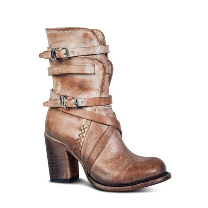 Peyton Leather Ankle Boots - Slouchy Distressed Design - Buckle Straps - Block Heel