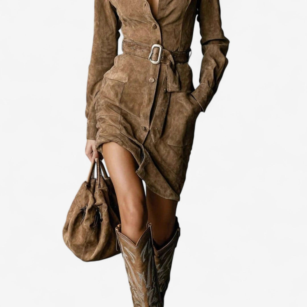 BETTY | BELTED SUEDE MIDI DRESS