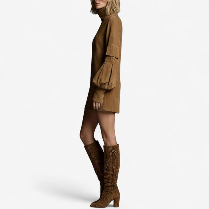 TANIA | HIGH-COLLAR SUEDE DRESS