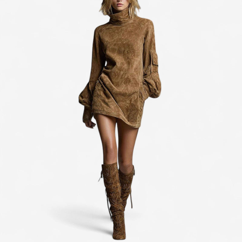 TANIA | HIGH-COLLAR SUEDE DRESS
