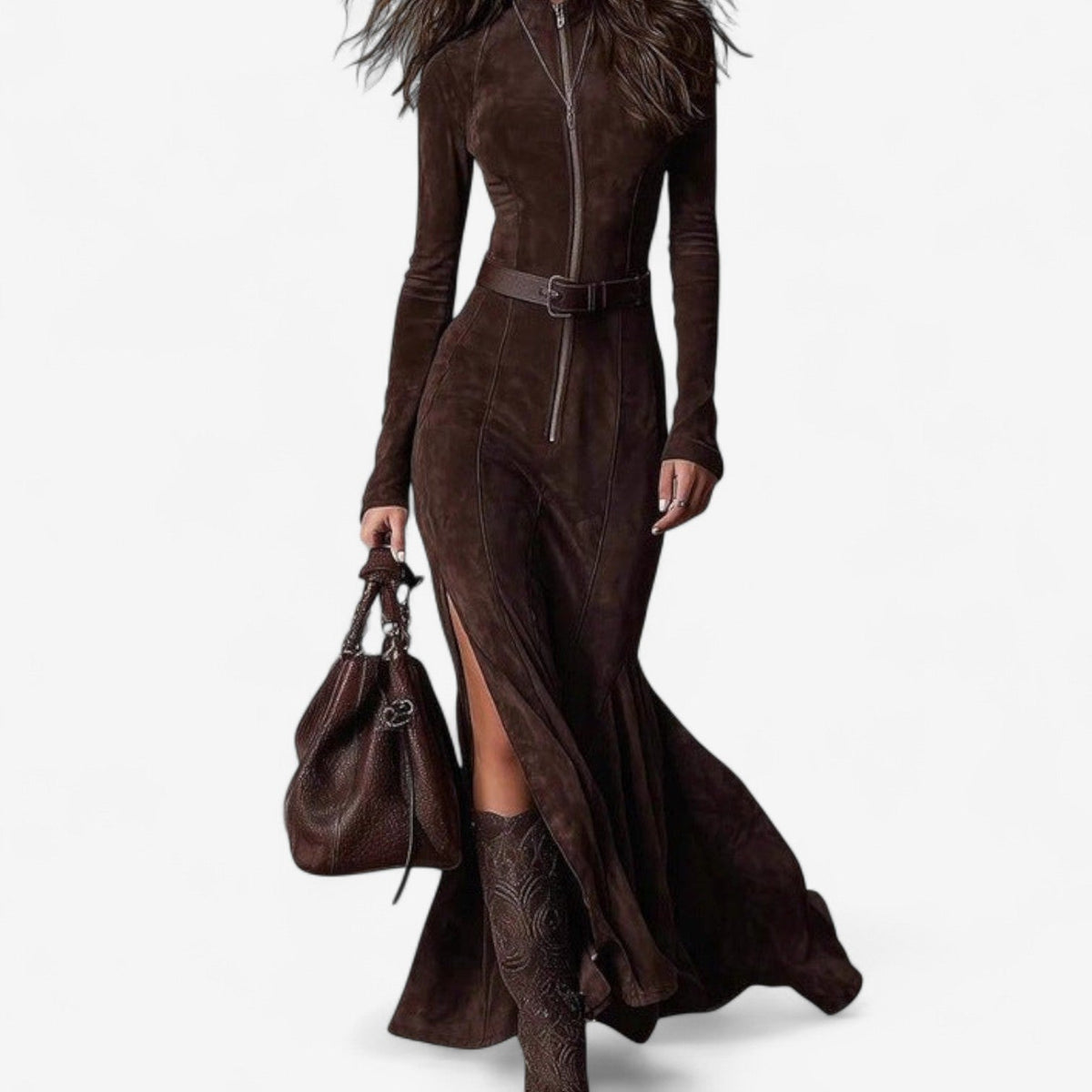 AURELIA | HIGH-SLIT SUEDE DRESS