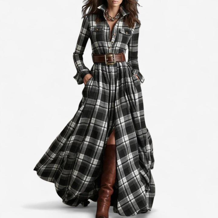 BARBARA | BELTED CHECK MAXI DRESS