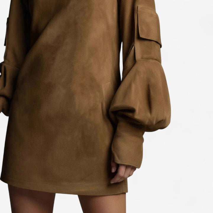 TANIA | HIGH-COLLAR SUEDE DRESS