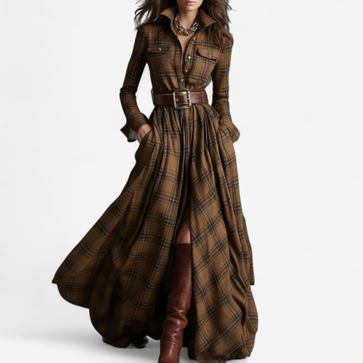 BARBARA | BELTED CHECK MAXI DRESS