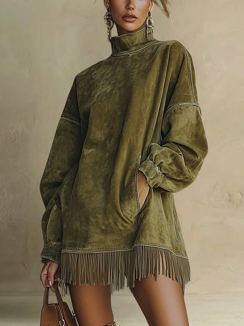 Darcie | Suede Fringe Turtleneck Dress