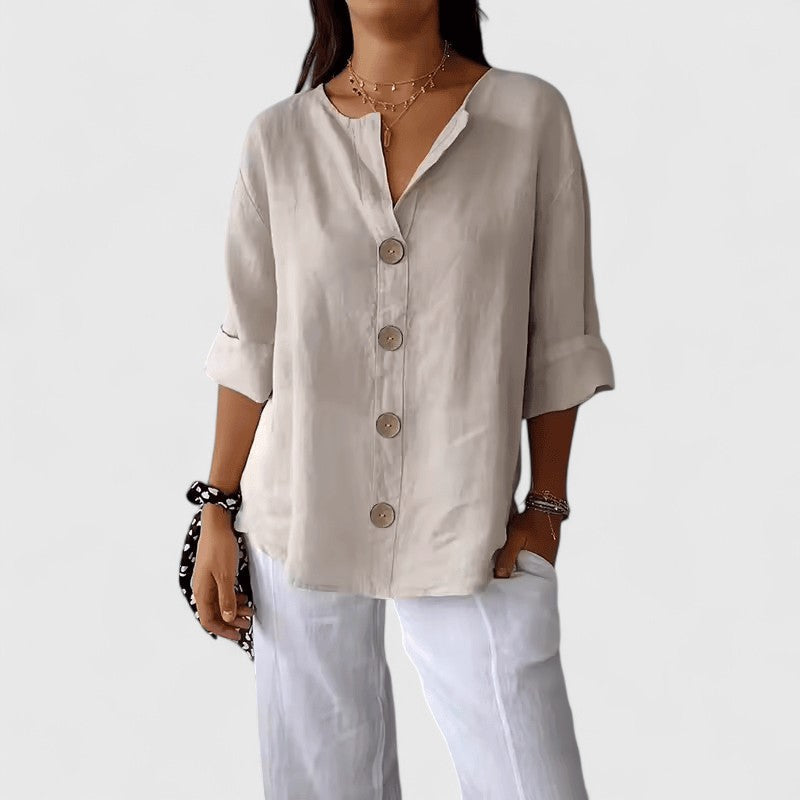 CAITLIN | COTTON-LINEN V-NECK BLOUSE