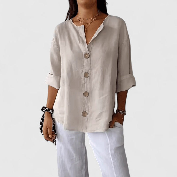 CAITLIN | COTTON-LINEN V-NECK BLOUSE