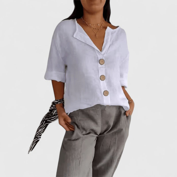 CAITLIN | COTTON-LINEN V-NECK BLOUSE