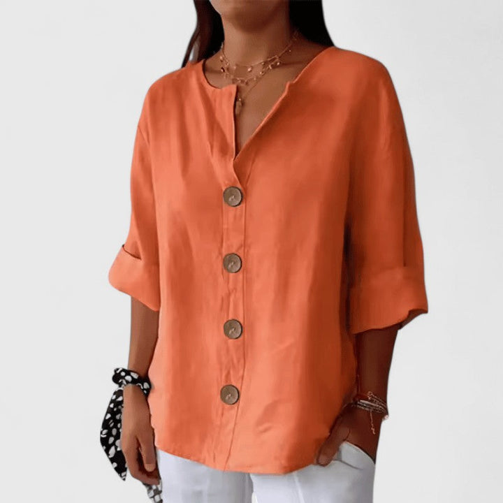 CAITLIN | COTTON-LINEN V-NECK BLOUSE