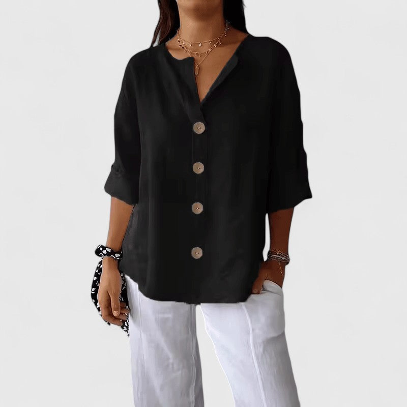 CAITLIN | COTTON-LINEN V-NECK BLOUSE