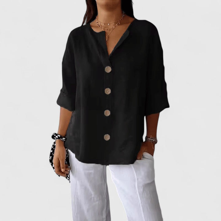 CAITLIN | COTTON-LINEN V-NECK BLOUSE