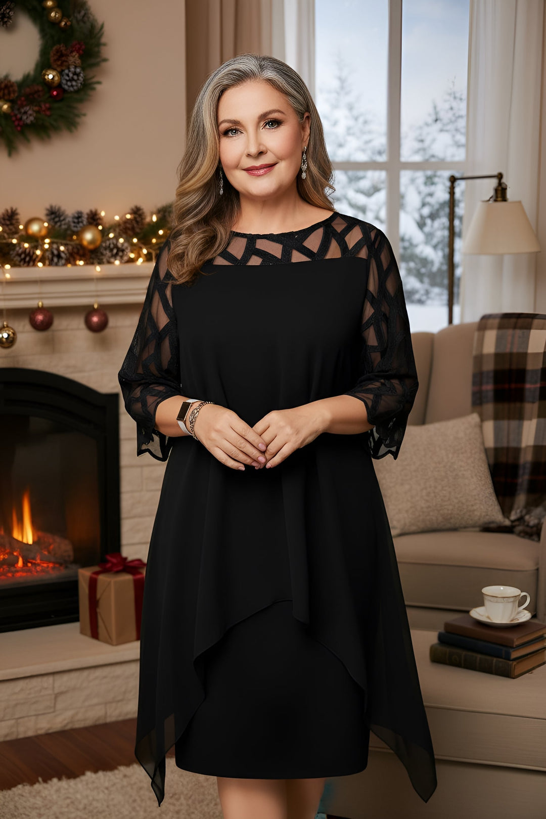 Margaret | Elegant Sheer Sleeve Midi Dress