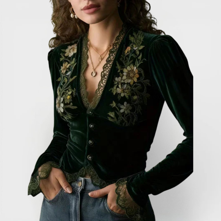 Delilah | Long-Sleeve Velvet Blouse with Embroidered Flowers