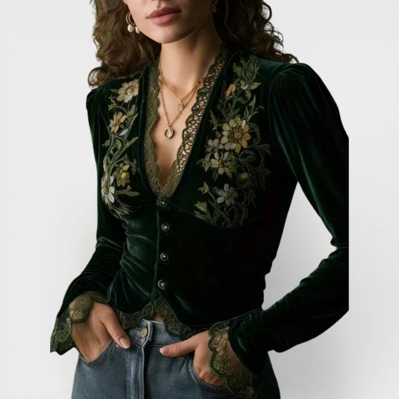 Delilah | Long-Sleeve Velvet Blouse with Embroidered Flowers