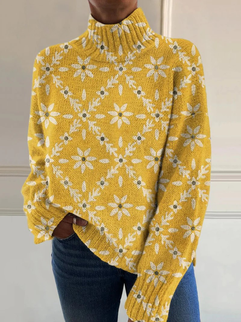 Claudette | Vintage colourful floral block print turtleneck sweater