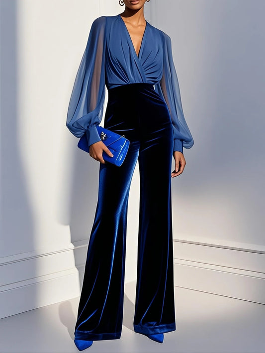 Ariel mesh V-neck long sleeve velvet jumpsuit