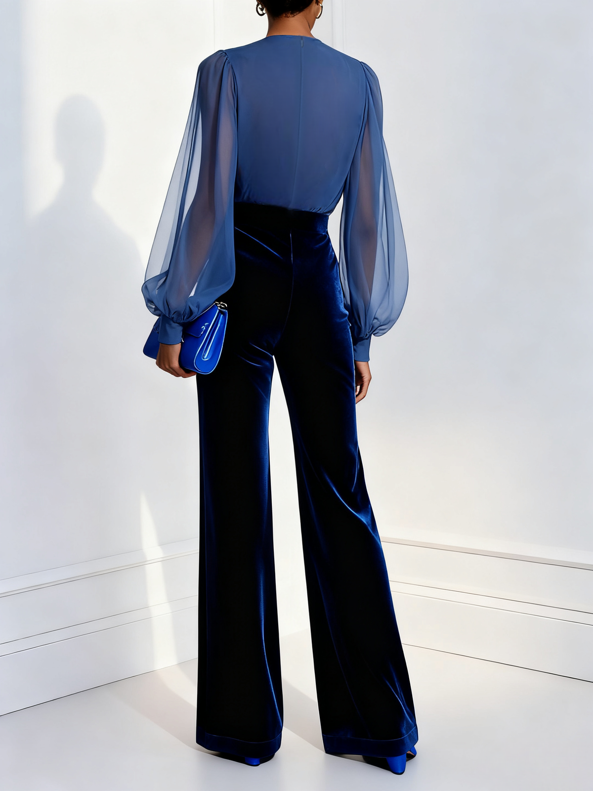 Ariel mesh V-neck long sleeve velvet jumpsuit