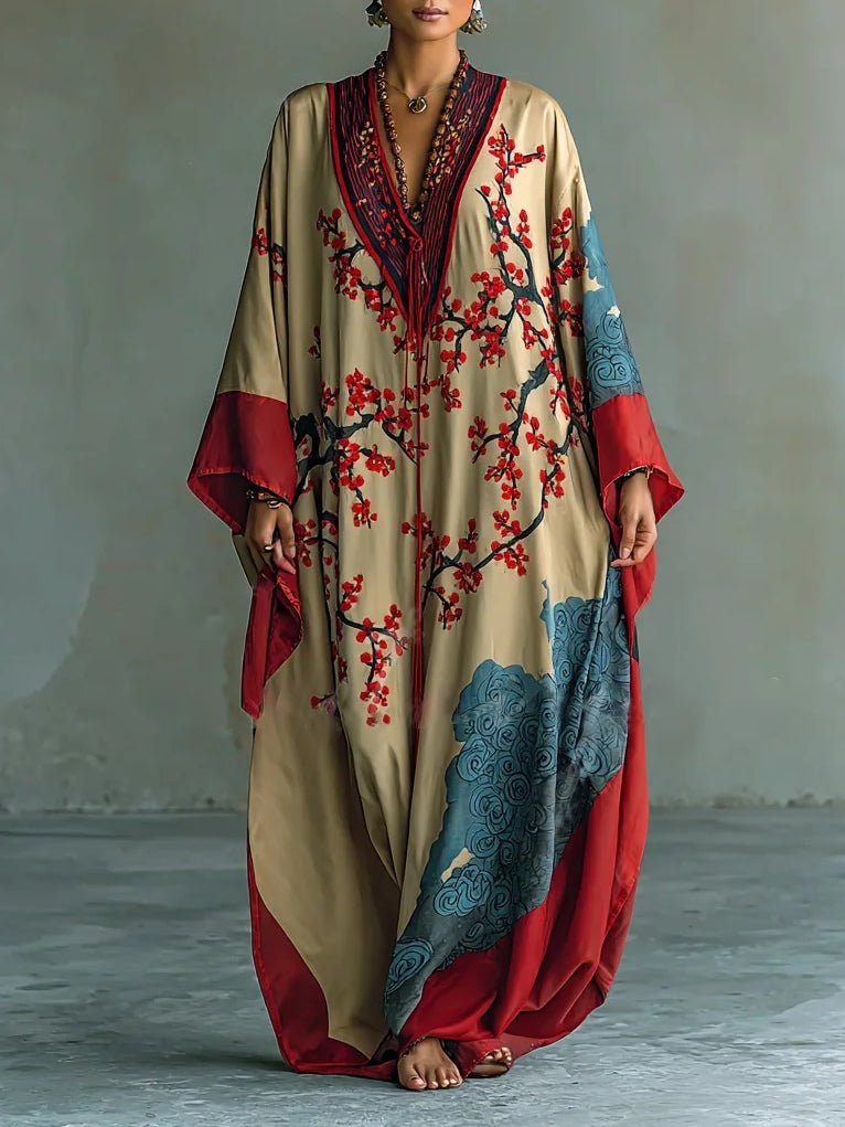 Reagan Red Plum Blossom Maxi Dress with Batwing Sleeves and Print