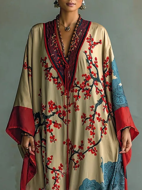 Reagan Red Plum Blossom Maxi Dress with Batwing Sleeves and Print