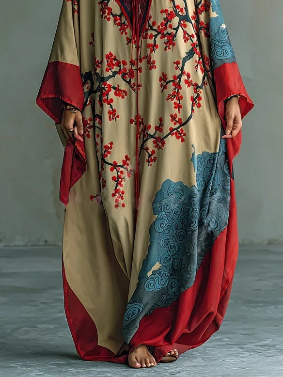 Reagan Red Plum Blossom Maxi Dress with Batwing Sleeves and Print