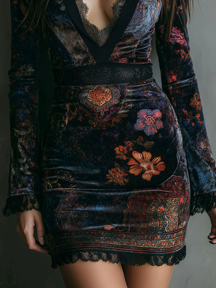 Macy Print V-Neck Velvet Lace Trim Slim-Fit Mini Dress