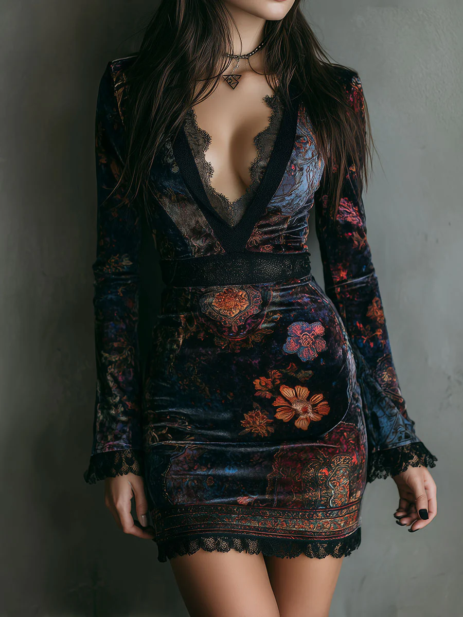 Macy Print V-Neck Velvet Lace Trim Slim-Fit Mini Dress