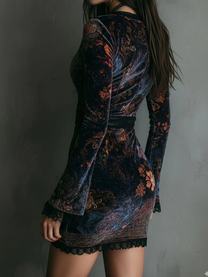 Macy Print V-Neck Velvet Lace Trim Slim-Fit Mini Dress