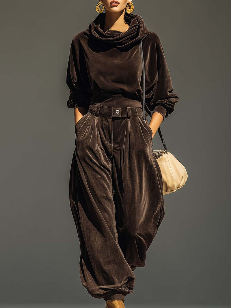 Dakota brown velvet hoodie and loose pants set (Includes belt)