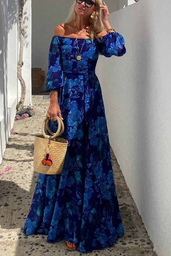 Summer - Long dress with floral pattern and off-the-shoulder sleeves