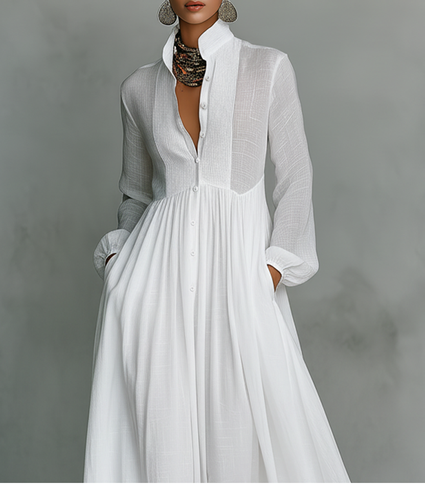 Abigail | Maxi Minimalist in Cotton and Linen with Patchwork, High Collar and Long Sleeves