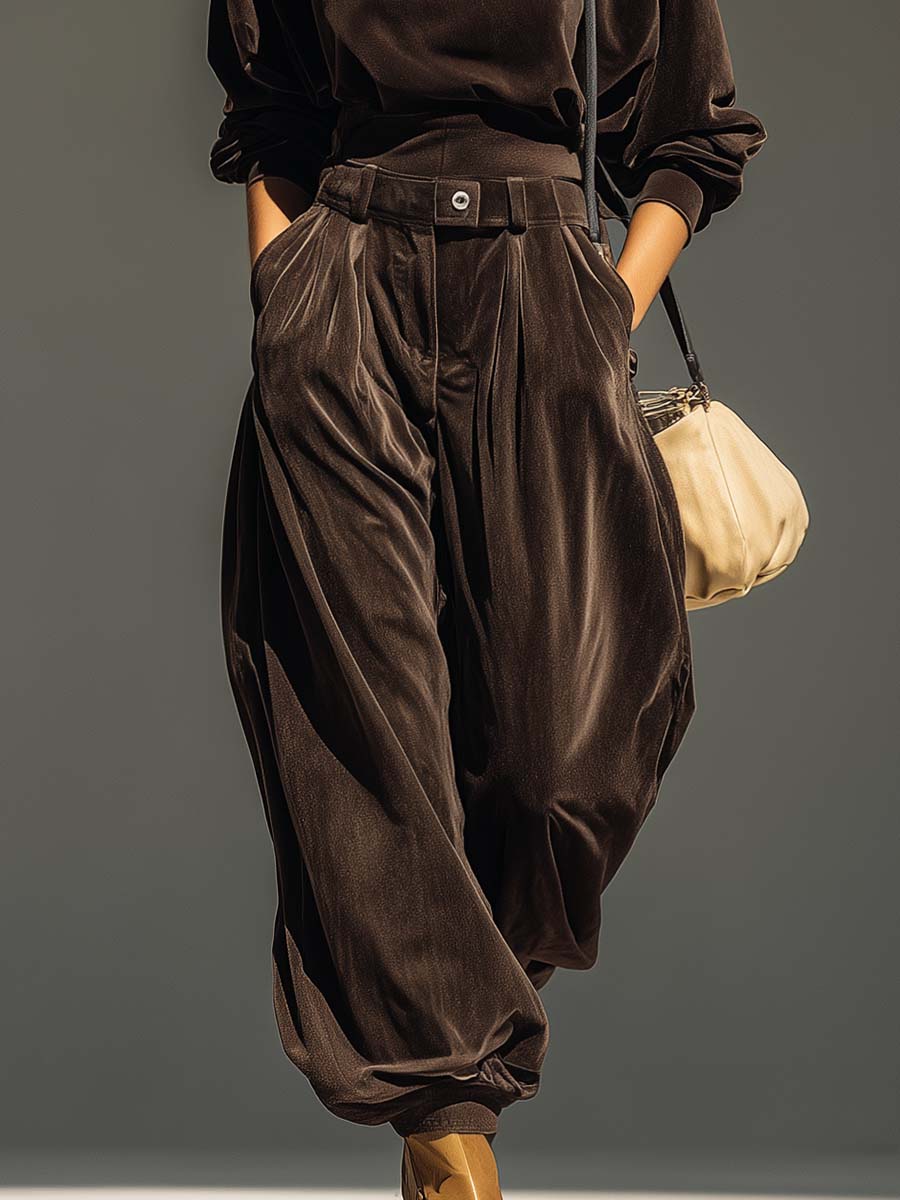 Dakota brown velvet hoodie and loose pants set (Includes belt)