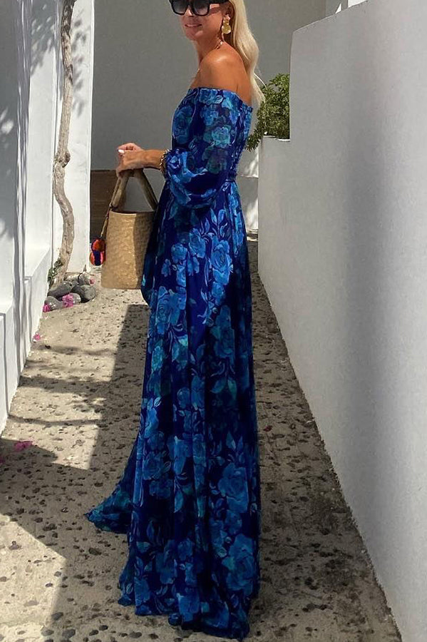 Summer - Long dress with floral pattern and off-the-shoulder sleeves