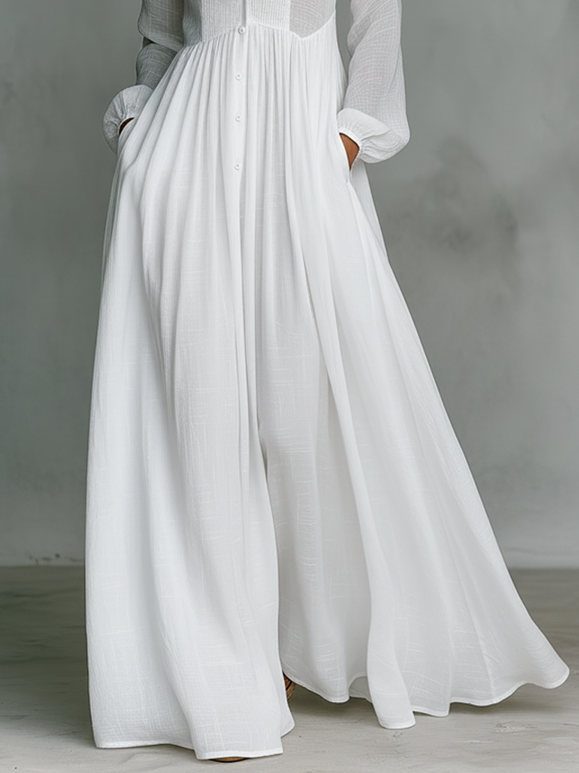 Abigail | Maxi Minimalist in Cotton and Linen with Patchwork, High Collar and Long Sleeves