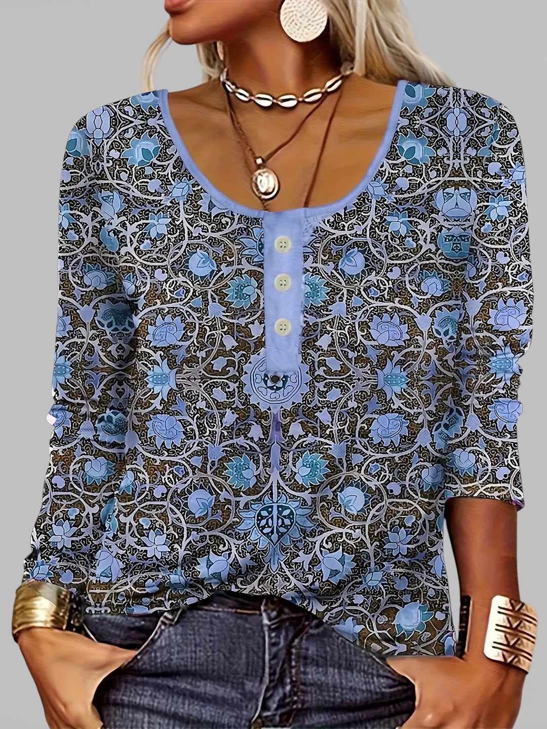Isabella | Vintage Blue Floral Button Blouse