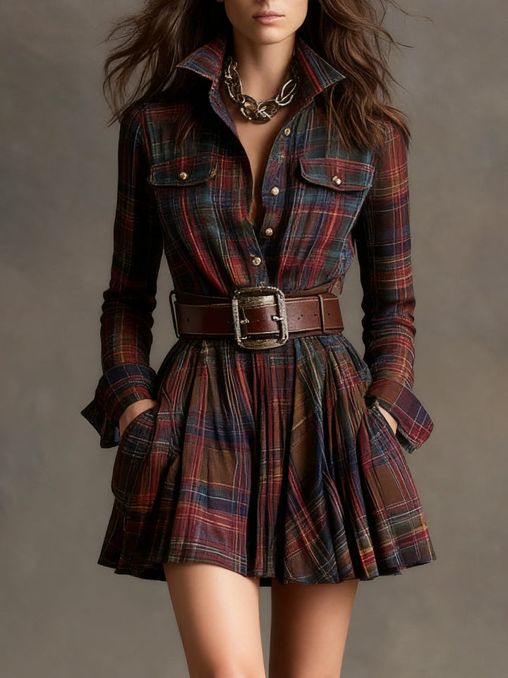 Brielle Red and Brown Checked Mini Dress (Includes belt)