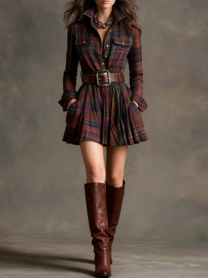 Everly Red and Brown Checked Mini Dress (Includes belt)