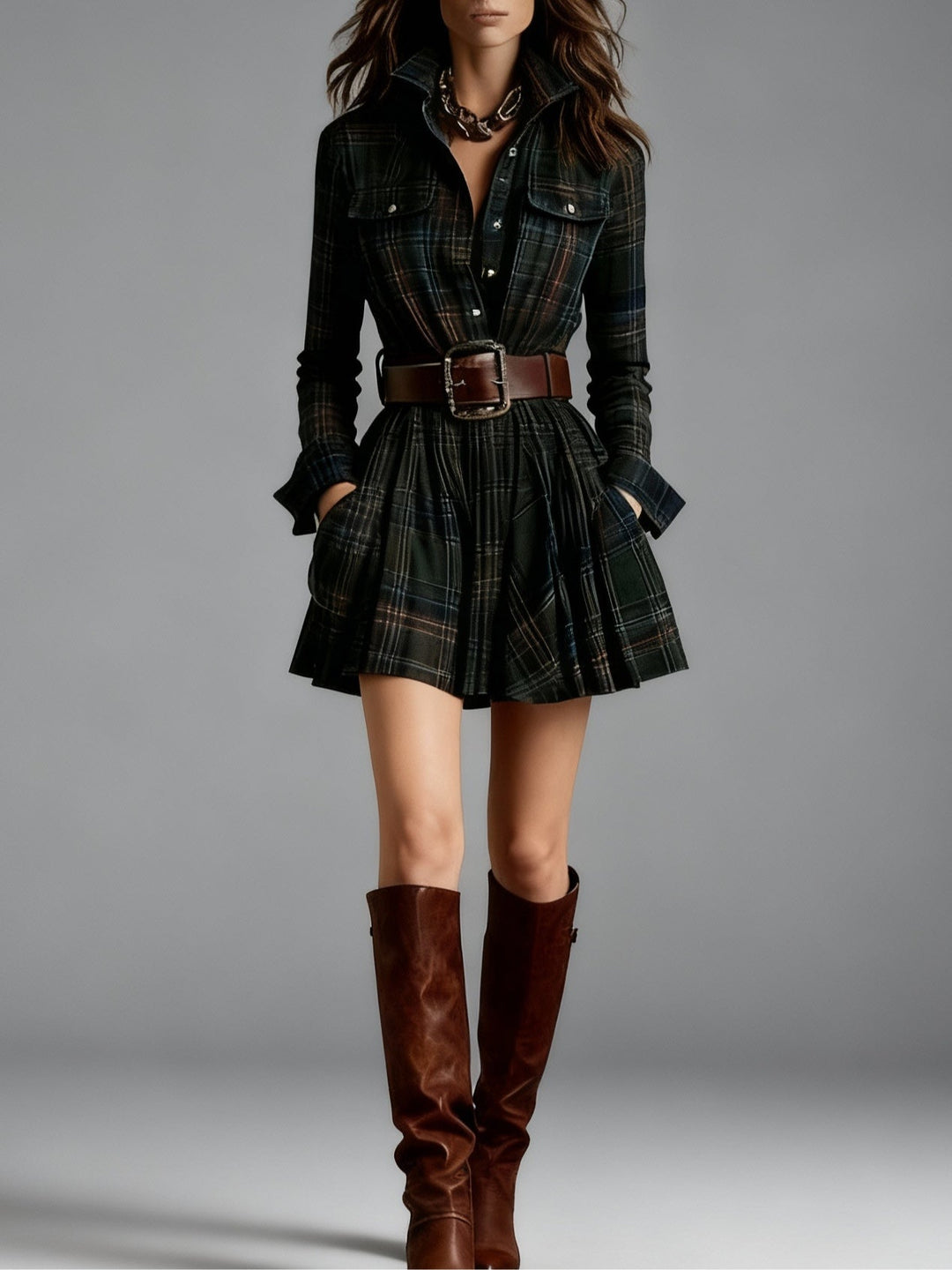 Everly Red and Brown Checked Mini Dress (Includes belt)