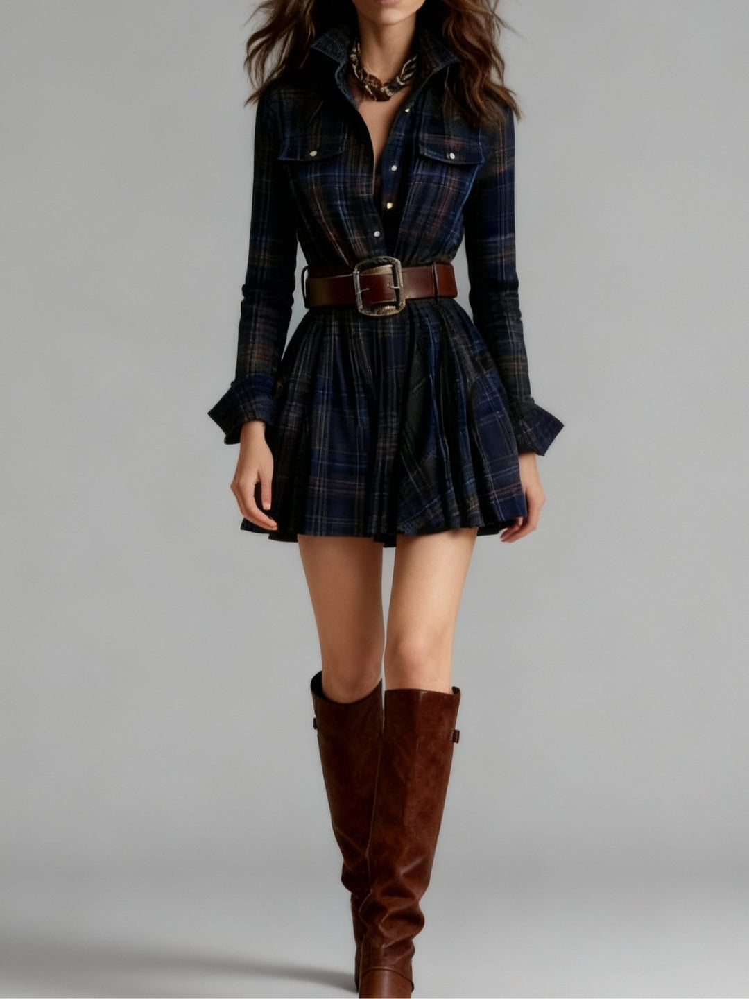 Everly Red and Brown Checked Mini Dress (Includes belt)