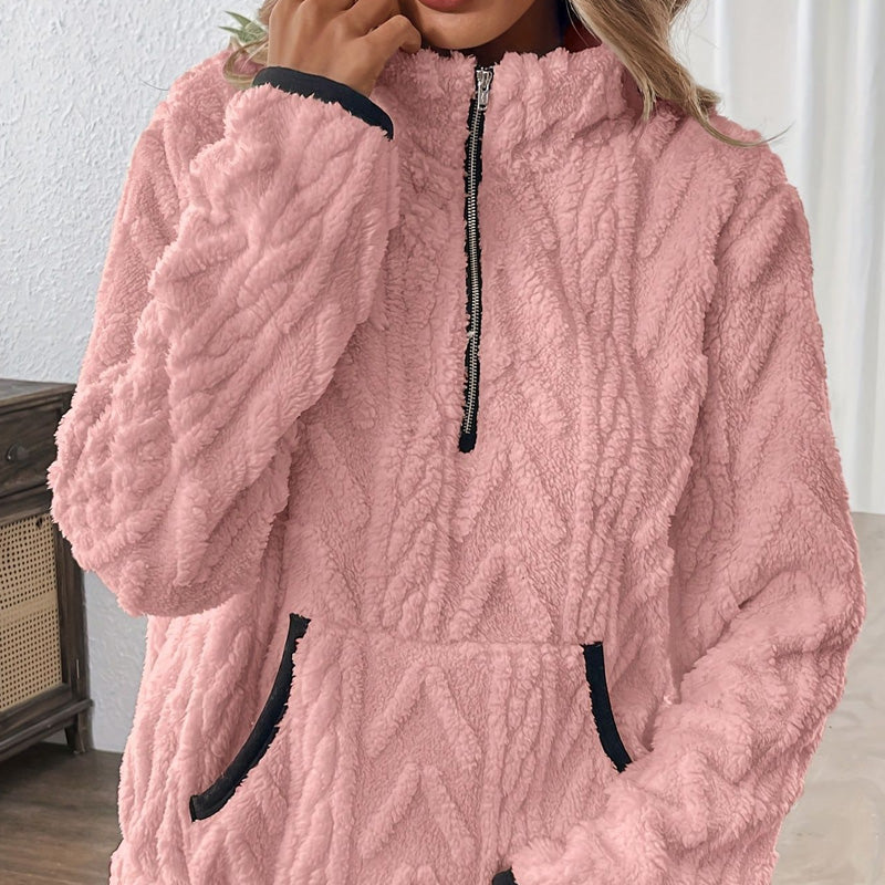 Harper | Cozy Pink Fuzzy Half-Zip Sweatshirt with Pockets